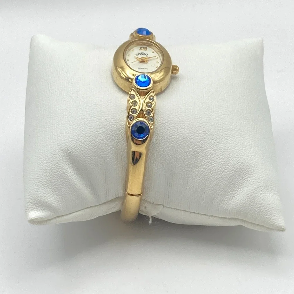 Alto Women's Watch 19mm Gold Tone Blue Crystals Cuff Oval New Battery 6.25